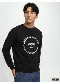 Jack & Jones Sweatshirt JACK & JONES "JJSIMON SWEAT CREW NECK", Herren, Gr. S, schwarz, angeraute Sweatware, Obermaterial: 60% Baumwolle, 40% Polyester, bedruckt, normal, Rundhals, Rippb&uuml;ndchen, Sweatshirts Sweatshirt