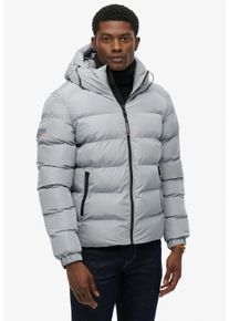 Steppjacke Superdry "HOODED SPORTS PUFFER JACKET", Herren, Gr. L, blau (washed denim), Web, Obermaterial: 100% Polyester, unifarben, relaxed fit normal, elastischer Bund, Jacken Steppjacke, Kunstfaser, relaxed fit