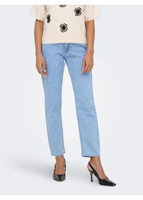 Straight-Jeans Only "ONLEMILY HW STRETCH EMB STRA ANK DNM AZG", Damen, Gr. 25, L&auml;nge 32, light blau denim detail:flower emb, Denim/Jeans, Obermaterial: 99% Baumwolle, 1% Elasthan, Destroyed-Effekte, straight fit lang, Jeans Straight-Jeans, Baumwollmischung, straight fit