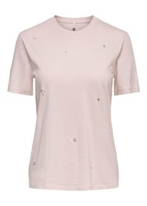 Kurzarmshirt Only "ONLPARKER S/S O-NECK BLING TOP BOX JRS", Damen, Gr. XL, pale lila detail:all over stone and pearl mix, Jersey, Obermaterial: 50% Baumwolle, 50% Modal, unifarben, figurbetont normal, Rundhals, Shirts Kurzarmshirt, Materialmix, regular fit, Rundhals, mit Strass-Stein Detail
