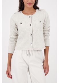 Strickjacke monari "Jacke Strickjacke Tasche", Damen, Gr. 46, pearl meliert, Strick, Obermaterial: 41% Polyester, 36% Polyacryl, 10% Wolle, 10% Viskose, 3% Elasthan, unifarben, regular fit taillenbedeckt, Rundhals, eingesetzt gerader Abschluss, Strickjacken Strickjacke, Regular fit, mit Rundhalsausschnitt