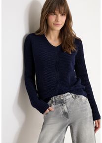 Strickpullover Cecil, Damen, Gr. S (38), universal blau, Strick, Obermaterial: 75% Baumwolle, 25% Polyester, unifarben, l&auml;ssig geschnitten h&uuml;ftbedeckend, V-Ausschnitt, abgerundeter Saum, Pullover Strickpullover, mit V-Auschnitt