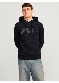 Jack & Jones Kapuzensweatshirt JACK & JONES "JJFERRIS SWEAT HOOD", Herren, Gr. S, schwarz (schwarz print:big), angeraute Sweatware, Obermaterial: 60% Baumwolle, 40% Polyester, bedruckt, normal, Rundhals, Rippb&uuml;ndchen, Sweatshirts Kapuzensweatshirt