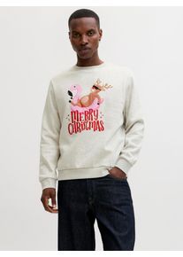 Jack & Jones Sweatshirt JACK & JONES "JJCHRISTMAS SWEAT CREW NECK XMAS", Herren, Gr. L, wei&szlig; melange, angeraute Sweatware, Obermaterial: 70% Baumwolle, 30% Polyester, meliert, regular fit normal, Rundhals, Rippb&uuml;ndchen, Sweatshirts Sweatshirt