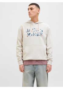 Jack & Jones Kapuzensweatshirt JACK & JONES "JJEBRYAN CORP LOGO SWEAT HOOD NOOS", Herren, Gr. S, gelb (moonbeam), angeraute Sweatware, Obermaterial: 100% Baumwolle, bedruckt, relaxed fit taillenbedeckt, ohne Ausschnitt, Rippb&uuml;ndchen, Sweatshirts Kapuzensweatshirt, mit Logo Druck