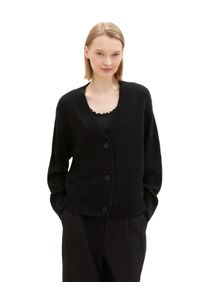 Cardigan Tom Tailor Denim, Damen, Gr. L (40), schwarz (deep schwarz), Strick, Obermaterial: 50% Baumwolle, 50% Polyacryl, Strukturmuster, unifarben, regular fit taillenbedeckt, V-Ausschnitt, B&uuml;ndchen, Strickjacken Cardigan, mit Strickstruktur und Knopfleiste