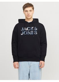 Jack & Jones Kapuzensweatshirt JACK & JONES "JJEBRYAN CORP LOGO SWEAT HOOD NOOS", Herren, Gr. S, schwarz, angeraute Sweatware, Obermaterial: 100% Baumwolle, bedruckt, relaxed fit taillenbedeckt, ohne Ausschnitt, Rippb&uuml;ndchen, Sweatshirts Kapuzensweatshirt, mit Logo Druck
