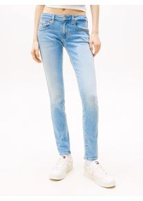 Skinny-fit-Jeans Tommy Jeans "SOPHIE LW SKN", Damen, Gr. 33, L&auml;nge 28, blau (denim light), Denim/Jeans, Obermaterial: 98% Baumwolle, 2% Elasthan, unifarben, skinny fit kn&ouml;chellang, Jeans Skinny-fit-Jeans, mit Logo-Badge, in Kn&ouml;chell&auml;nge