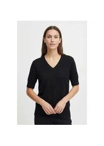 Kurzarmpullover Freequent "FQKATIE-PULLOVER", Damen, Gr. S, schwarz, Strick, Obermaterial: 82% Viskose, 16% Polyamid, 2% Elasthan, unifarben, bequem h&uuml;ftbedeckend, V-Ausschnitt, Flachstrickb&uuml;ndchen, Pullover, mit V-Ausschnitt