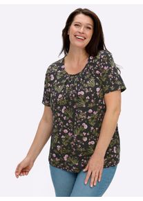 sheego Gro&szlig;e Gr&ouml;&szlig;en Kurzarmshirt mit Bl&uuml;mchenmuster, schwarz-ros&eacute;-bedruckt, Gr&ouml;&szlig;e 52 - Damen