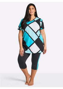 w&auml;schepur sheego Gro&szlig;e Gr&ouml;&szlig;en Caprianzug mit Grafik-Dessin, schwarz-t&uuml;rkis-bedruckt, Gr&ouml;&szlig;e 44/46 - Damen