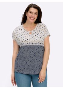 sheego Gro&szlig;e Gr&ouml;&szlig;en Kurzarmshirt mit Tropfen-Ausschnitt, wei&szlig;-marine-bedruckt, Gr&ouml;&szlig;e 44 - Damen
