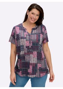 sheego Gro&szlig;e Gr&ouml;&szlig;en Kurzarmbluse mit Patchwork-Druck, erika-jeansblau-bedruckt, Gr&ouml;&szlig;e 54 - Damen