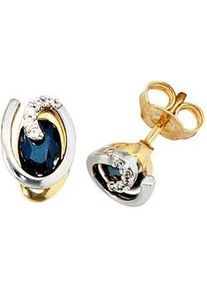 Paar Ohrstecker Jobo "Ohrringe Saphirohrringe", gelbgold 585, Ohrringe, Damen, P1 = bei 10-facher Vergr&ouml;&szlig;erung erkennbare Einschl&uuml;sse, Diamanten Gelbgold 585 Wei&szlig;gold 585, Diamanten, Gelbgold 585, Wei&szlig;gold 585, 585 Gold Bicolor mit Saphir und 10 Diamanten