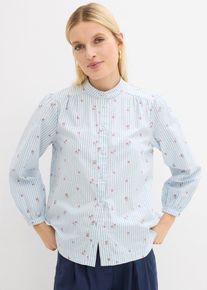 bonprix Bluse aus reiner Baumwolle mit 7/8 &Auml;rmel, blau, Gr.50, Gestreifte Bluse mit floraler Stickerei, 100% Baumwolle