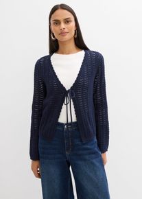 bonprix Strickjacke mit Lochmuster, blau, Gr.44/46 (L), Trendige Strickjacke mit Lochmuster und Bindedetail, 50% Baumwolle