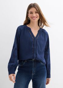 bonprix Tunikabluse aus luftigem Musselin, blau, Gr.52, Mit Knopfleiste und tollen Details, 100% Baumwolle
