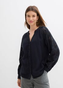 bonprix Tunikabluse aus luftigem Musselin, schwarz, Gr.38, Mit Knopfleiste und tollen Details, 100% Baumwolle