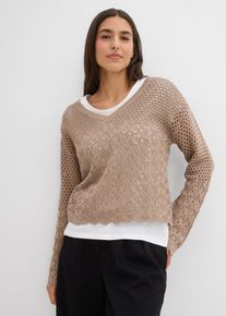 bonprix Leichter Ajour-Pullover, braun, Gr.40/42 (M), Luftiger Strickpullover mit Blumen-Details, 50% Baumwolle