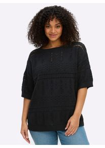sheego Gro&szlig;e Gr&ouml;&szlig;en Kurzarmpullover aus Ajourstrick, schwarz, Gr&ouml;&szlig;e 44/46 - Damen