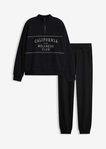 bonprix Sweat Hausanzug aus reiner Baumwolle, schwarz, Gr.48/50 (XL), Hausanzug mit einem locker geschnittenem Troyer Shirt und einer Hose mit Eingriffstaschen, aus 100% Baumwolle