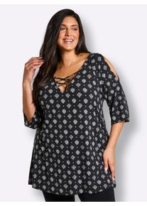 sheego Gro&szlig;e Gr&ouml;&szlig;en Longshirt mit gekreuzten B&auml;ndern am Ausschnitt, schwarz-ecru-bedruckt, Gr&ouml;&szlig;e 44/46 - Damen
