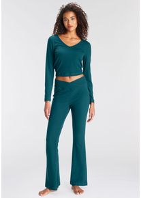 Pyjama Lascana, Damen, Gr. 44/46, gr&uuml;n (dunkelgr&uuml;n), Single Jersey, Obermaterial: 63% Polyester, 33% Viskose, 4% Elasthan, schmal lang, tiefer V-Ausschnitt, Homewear-Sets Pyjama, aus sch&ouml;nem Ripp-Material