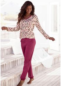 Pyjama Vivance Dreams, Damen, Gr. 44/46, rot (burgunder, gemustert), Single Jersey, Obermaterial: 60% Baumwolle, 40% Polyester, figurumspielend lang, V-Ausschnitt, abgesteppt, Homewear-Sets Pyjama, mit grafisch-floralem Alloverdruck