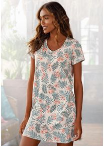 Sleepshirt Lascana, Damen, Gr. 40/42, N-Gr, beige (sand, bedruckt), Single Jersey, Obermaterial: 100% Baumwolle, bedruckt, Basic, Basic kurz, Rundhals, eingesetzt, Kleider Sleepshirt, mit Palmen-Print