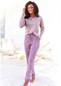 Pyjama Vivance Dreams, Damen, Gr. 44/46, lila, Single Jersey, Obermaterial: 100% Baumwolle, bestickt, gestreift, Basic, bequem lang, Rundhals, Raglan&auml;rmel, Homewear-Sets Pyjama, mit garngef&auml;rbten Streifen, Topseller