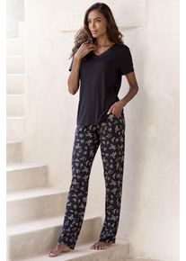Pyjama Vivance Dreams, Damen, Gr. 44/46, schwarz, schwarz, gebl&uuml;mt, Obermaterial: 95% Viskose, 5% Elasthan. Spitze: 82% Polyamid, 18% Elasthan, bequem, Rundhals, Homewear-Sets Pyjama, mit s&uuml;&szlig;em Blumen-Print