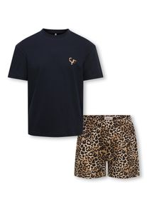 Shorty KIDS Only "KOGRILA NIGHTWEAR AOP TOP/SHORTS SET JRS", M&auml;dchen, Gr. 122/128, schwarz pack:tee solid, shorts aop leo, Jersey, Obermaterial: 100% Baumwolle, bedruckt, Basic ca. Mitte Oberschenkel, Rundhals, Homewear-Sets Shorty, bedrucktes Oberteil und unifarbene Hose