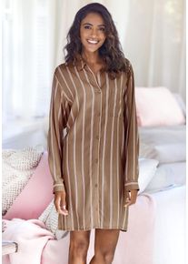 Nachthemd Lascana, Damen, Gr. 32/34, N-Gr, braun (braun gestreift), Single Jersey, Obermaterial: 50% Baumwolle, 50% Viskose, gestreift, bequem kurz, eingesetzt Manschette, Kleider Nachthemd, mit klassischem Hemdkragen