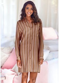 Nachthemd Lascana, Damen, Gr. 36/38, N-Gr, braun (braun gestreift), Single Jersey, Obermaterial: 50% Baumwolle, 50% Viskose, gestreift, bequem kurz, eingesetzt Manschette, Kleider Nachthemd, mit klassischem Hemdkragen