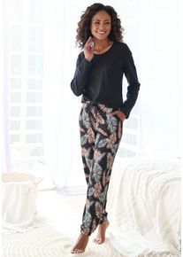 Pyjama Vivance Dreams, Damen, Gr. 44/46, bunt (rose schwarz gemustert), Obermaterial: 100% Baumwolle, Basic, Basic, Rundhals, Homewear-Sets Pyjama, mit sch&ouml;nem Naturprint