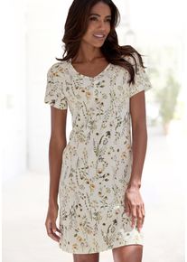 Nachthemd Lascana, Damen, Gr. 40/42, N-Gr, blau (creme, gemustert), Single Jersey, Obermaterial: 50% Baumwolle, 50% Viskose, gebl&uuml;mt, bequem kurz, Rundhals, eingesetzt, Kleider Nachthemd, mit sch&ouml;nem Blumenprint und Knopfleiste, Topseller