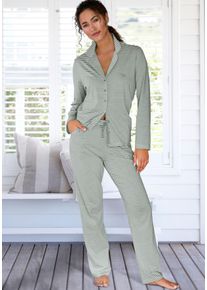 Pyjama Vivance Dreams, Damen, Gr. 44/46, gr&uuml;n, wei&szlig;, gestreift, Single Jersey, Obermaterial: 100% Baumwolle, gestreift, Basic lang, V-Ausschnitt, eingesetzt, Homewear-Sets Pyjama, mit feinem Streifenmuster, Topseller