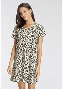 Nachthemd Vivance Dreams, Damen, Gr. 32/34, N-Gr, gelb (hellgelb mit leodruck), Single Jersey, Obermaterial: 100% Baumwolle, Basic, bequem ca. Mitte Oberschenkel, Rundhals, Kleider Nachthemd, mit Animal-Print