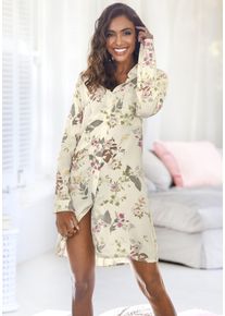 Nachthemd Lascana, Damen, Gr. 36/38, N-Gr, beige (ecru gebl&uuml;mt), Single Jersey, Obermaterial: 50% Baumwolle, 50% Viskose, gebl&uuml;mt, bequem kurz, eingesetzt Manschette, Kleider Nachthemd, mit klassischem Hemdkragen