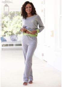 Pyjama Vivance Dreams, Damen, Gr. 40/42, grau (hellgrau, meliert), Single Jersey, Obermaterial: 90% Baumwolle, 10% Polyester, kontrastfarbene Details, meliert, unifarben mit Farbeins&auml;tzen, regular fit lang, Rundhals, Raglan&auml;rmel B&uuml;ndchen kontrastfarben, Homewear-Sets Pyjama, mit dekorativen Flatlock-N&auml;hten in Neonfarben