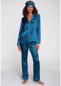 Pyjama s.Oliver, Damen, Gr. 40, dunkelgr&uuml;n, Webqualit&auml;t, Obermaterial: 95% Polyester, 5% Elasthan, unifarben mit Farbeinsatz, regular fit lang, V-Ausschnitt, Manschette, Homewear-Sets Pyjama, Mit sch&ouml;ner Schlafmaske