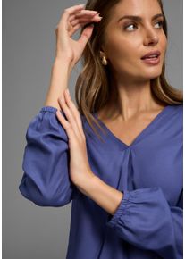 Schlupfbluse DELMAO, Damen, Gr. 44, blau, Web, Obermaterial: 100% Viskose, unifarben, figurumspielend, V-Ausschnitt, eingesetzt elastischer Bund mit Gummizug, Blusen Schlupfbluse, in femininer Form mit matter, nicht gl&auml;nzender Optik