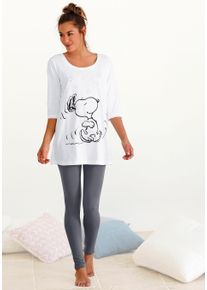 Pyjama PEANUTS, Damen, Gr. 32/34, grau (ecru, anthrazit), Single Jersey, Obermaterial: 100% Baumwolle. Unterteil: 95% Baumwolle, 5% Elasthan, Basic, figurumspielend lang, Rundhals, eingesetzt, Homewear-Sets Pyjama, mit Leggings und legerem Shirt mit Snoopy Druck, Topseller