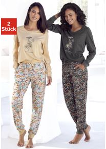 Pyjama Vivance Dreams, Damen, Gr. 44/46, beige (sand, gebl&uuml;mt, dunkelgrau, gebl&uuml;mt), Single Jersey, Obermaterial: 52% Baumwolle, 48% Polyester. Obermaterial 2: 100% Baumwolle. Unterteil: 100% Baumwolle, Basic, Basic lang, Rundhals, Rippb&uuml;ndchen, Homewear-Sets Pyjama, mit Frontdruck, Topseller
