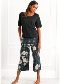 Capri-Pyjama s.Oliver, Damen, Gr. 44/46, bunt (schwarz, dunkelgr&uuml;n, gemustert), Single Jersey, Obermaterial: 50% Baumwolle, 50% Viskose, gebl&uuml;mt, loose fit 3/4-L&auml;nge, Rundhals, Raglan&auml;rmel, Homewear-Sets Capri-Pyjama, mit gebl&uuml;mter 3/4-Culotte, Topseller