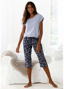 Capri-Pyjama Vivance Dreams, Damen, Gr. 44/46, blau (dunkelblau, gebl&uuml;mt), Single Jersey, Obermaterial: 100% Baumwolle, gebl&uuml;mt, gemustert, loose fit 3/4-L&auml;nge, Rundhals, angeschnitten Aufschlag, Homewear-Sets Capri-Pyjama, mit gemusterter Schlafhose, Topseller