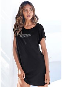 Nachthemd Lascana, Damen, Gr. 32/34, N-Gr, schwarz, Single Jersey, Obermaterial: 50% Baumwolle, 50% Viskose, unifarben, loose fit mini, Rundhals, angeschnitten,mit Aufschlag, Kleider Nachthemd, Mit Folien- oder Allover-Druck