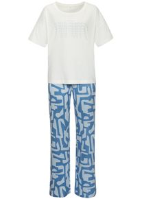 Pyjama s.Oliver, Damen, Gr. 44/46, blau (hellblau, dunkelblau gemustert), Single Jersey, Obermaterial: 50% Baumwolle, 50% Viskose, gemustert, l&auml;ssig geschnitten lang, Rundhals, angeschnitten abgesteppte Kante, Homewear-Sets Pyjama, mit grafischem Print