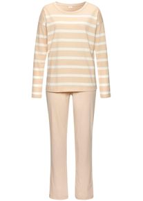 Pyjama s.Oliver, Damen, Gr. 44/46, beige (beige, wei&szlig;, gestreift), Single Jersey, Obermaterial: 60% Baumwolle, 40% Polyester, gestreift, unifarben, bequem lang, Rundhals, Homewear-Sets Pyjama, mit garngef&auml;rbten Streifen im Oberteil