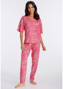 Pyjama Vivance Dreams, Damen, Gr. 44/46, pink (pink, gemustert), Single Jersey, Obermaterial: 60% Baumwolle, 40% Polyester, loose fit lang, Rundhals, angeschnitten, Homewear-Sets Pyjama, mt Animal Alloverprint
